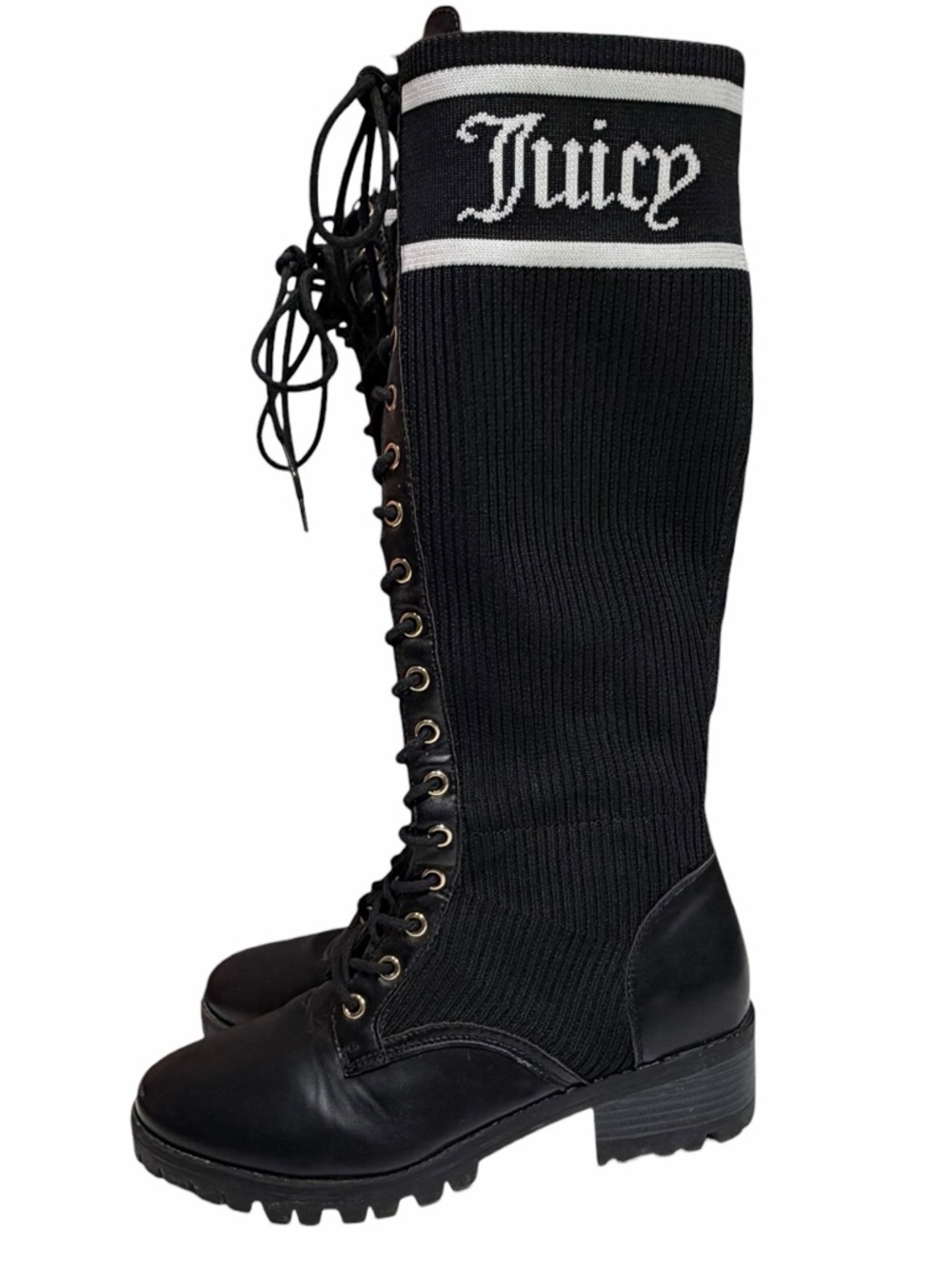 Juicy Couture Y2K Okala Black and White Knit Lace-Up Combat Knee High Boots